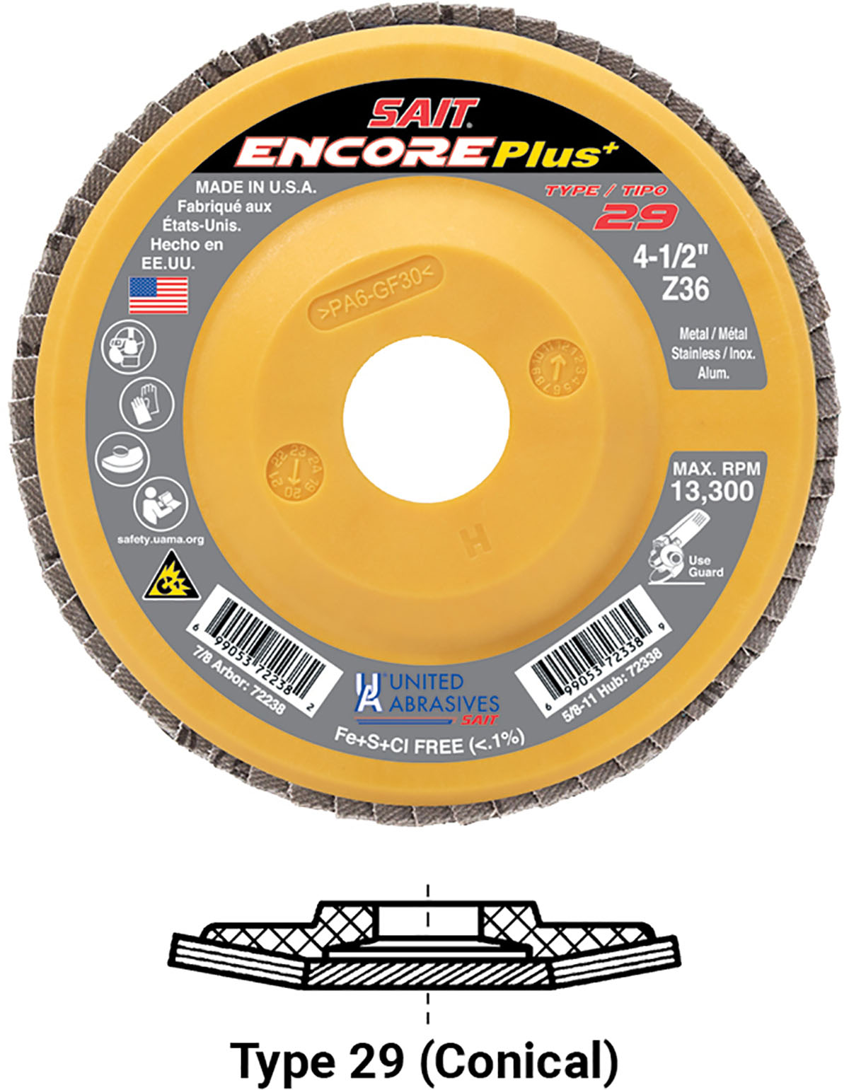 United Abrasives-SAIT 71248 Encore High Performance Flap Disc 7/8 Arbor 10-Pack Type 29 Z 60X 6-Inch Diameter 